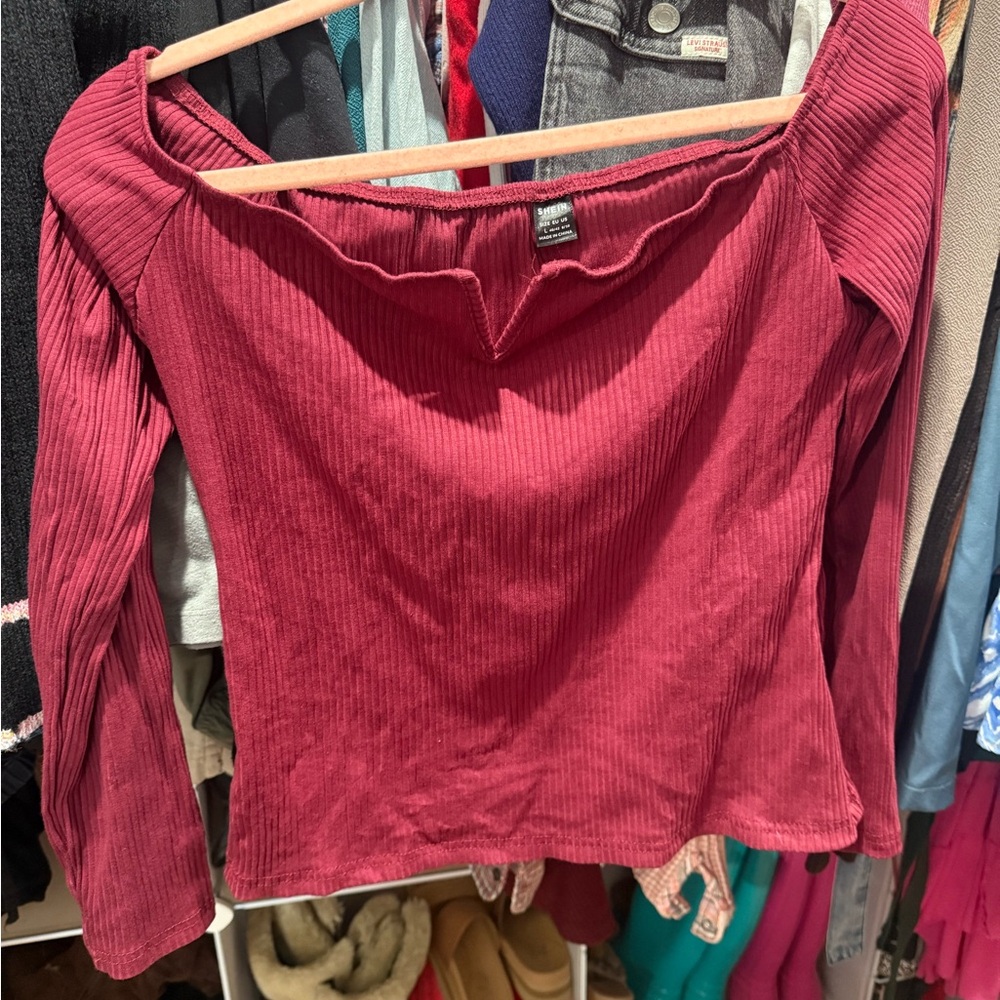 SHEIN Burgundy Off-Shoulder Ribbed Top